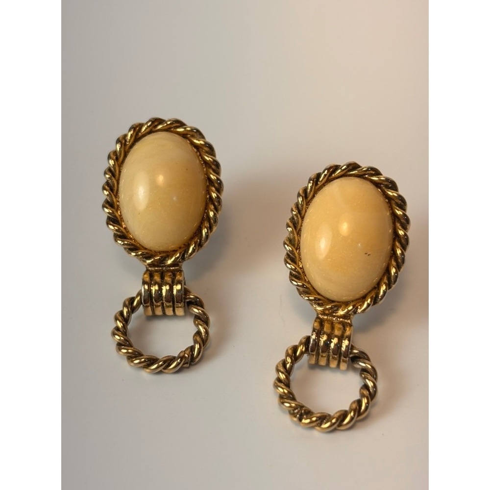 Vintage Clip On Earrings Cream Gold Tone Twisted Rope Door Knocker Huggie Boho